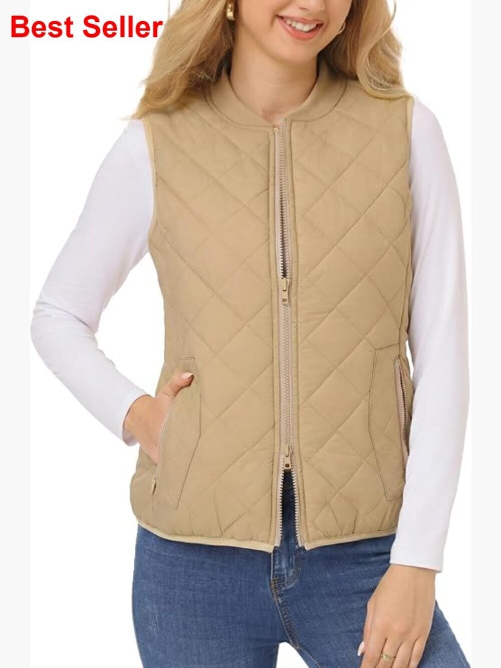 Polyester Quilted Vest with Rib Collar, Lightweight Zip Padded Gilet